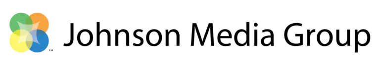 Six overlapping oval shapes in green, orange, blue, and yellow form a circular design next to the black text “Johnson Media Group.”.