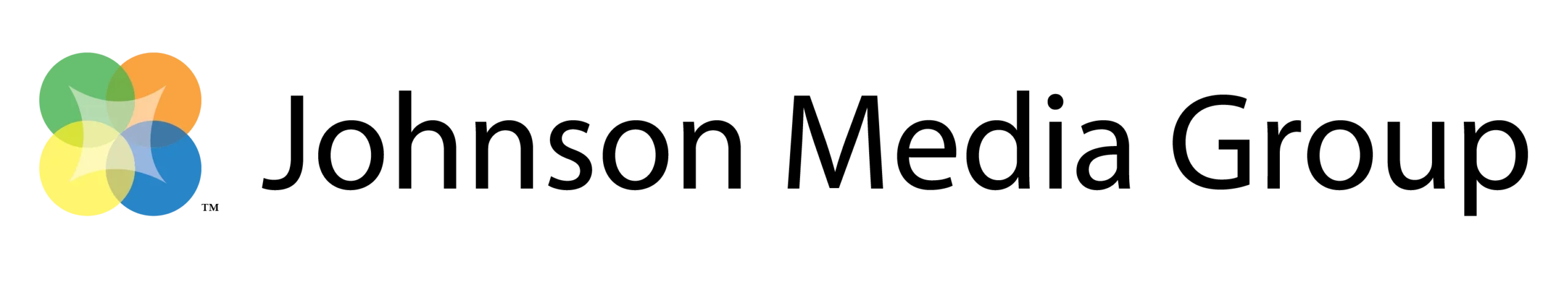 Six overlapping oval shapes in green, orange, blue, and yellow form a circular design next to the black text “Johnson Media Group.”.